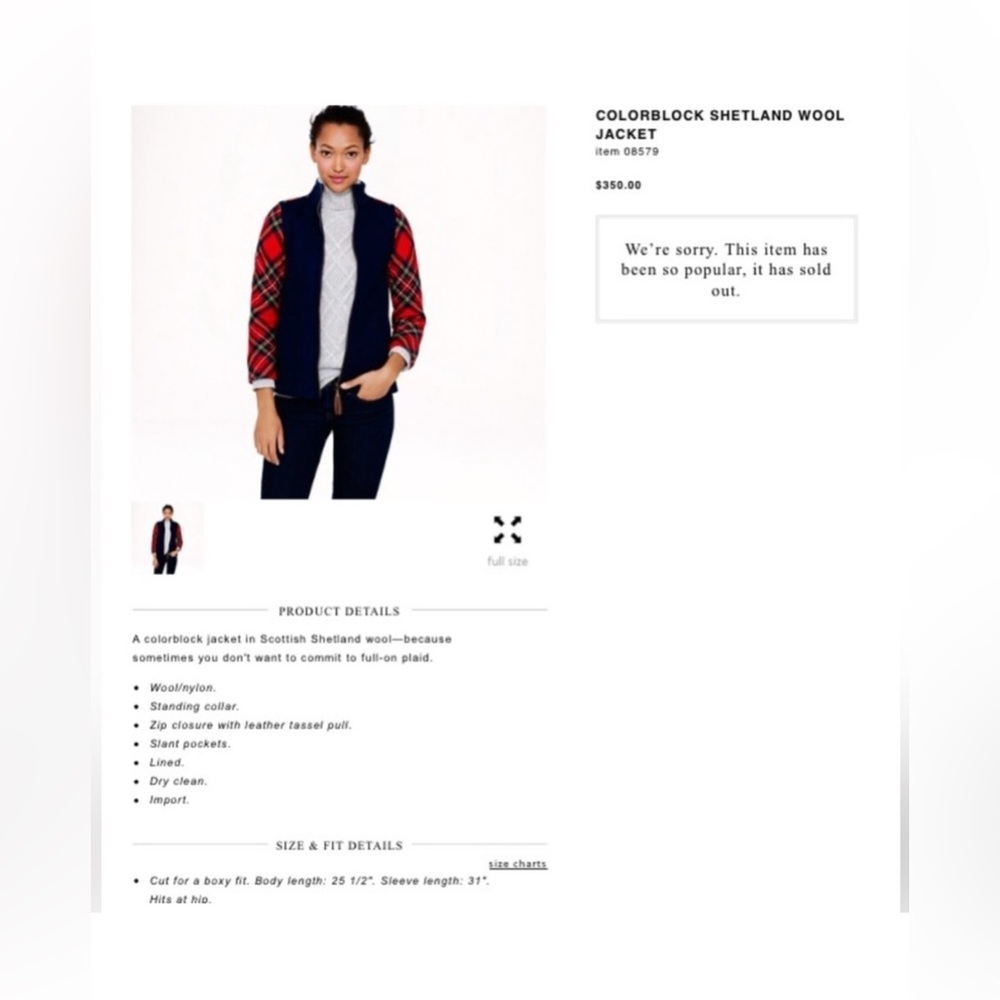 J. Crew Colorblock Shetland Wool Navy Jacket w Red Plaid Arms - Picture 10 of 12